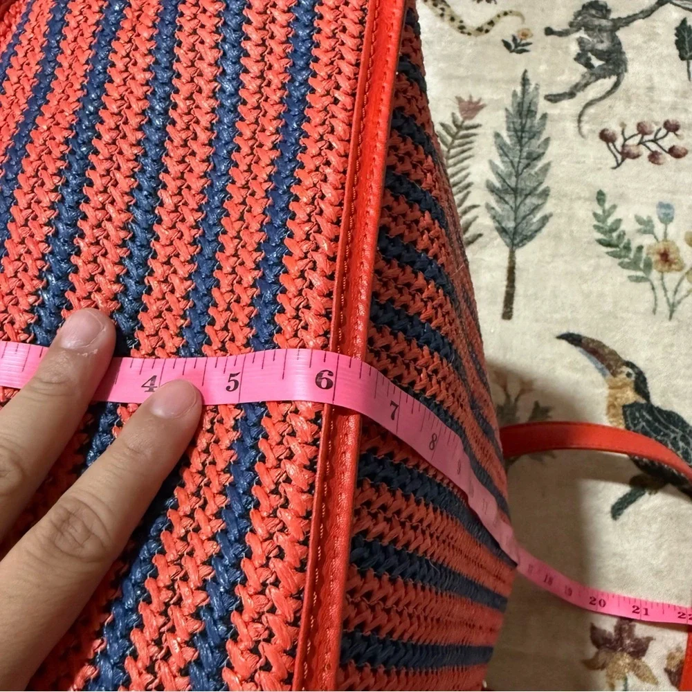 MARC JACOBS Large Tote SAMI Red Orange Navy Woven Weaved w/ Leather Trim Handle